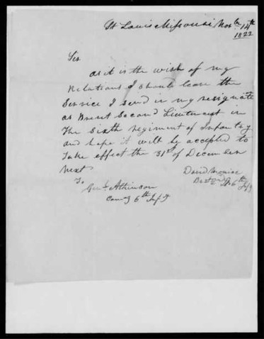 US Army Resignation Letter from David Moniac, 1822