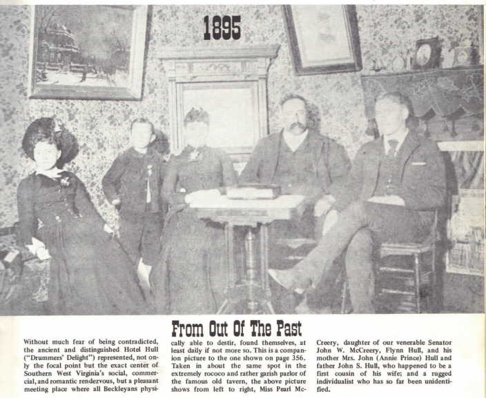 Description of Hull Hotel from Harlow Warren's book. Pictured in center of photograph is John S. Hull and his wife, Annie.