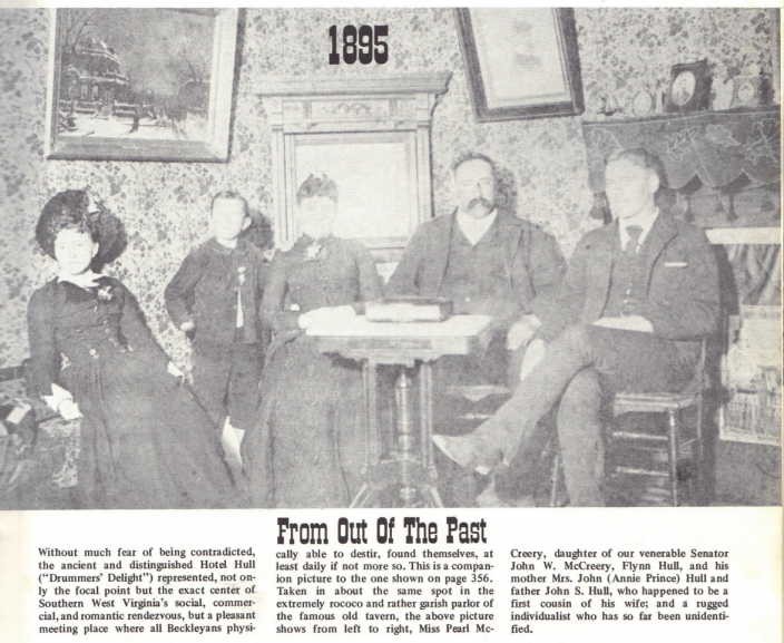 Description of Hull Hotel from Harlow Warren's book. Pictured in center of photograph is John S. Hull and his wife, Annie. 