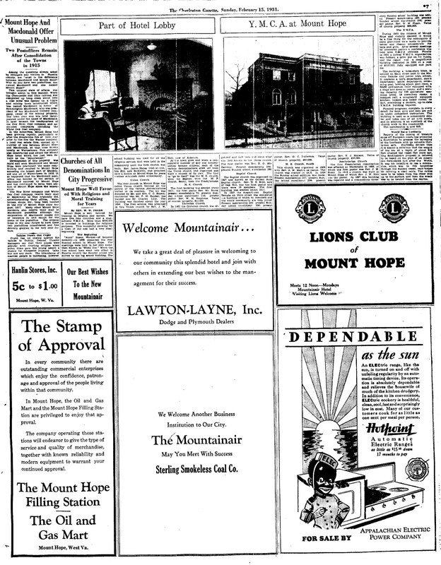 This is part of a special section of the Charleston Gazette that featured all the amenities of the town of Mount Hope offered travelers to the area.  