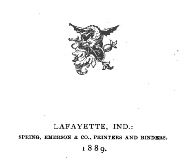 Detail from title page of 1889 book printed by Spring, Emerson & Co. (Finding Lists of the Lafayette Public Library)