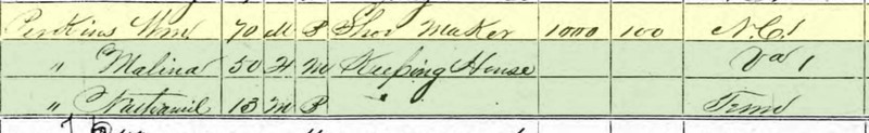 1870 Federal Census entry for Rev. Perkins living at this location. He was 70 years old and had been born in North Carolina. His 50-year-old wife Malinda had been born in Virginia; their 13-year-old son Nathaniel had been born in Tennessee.