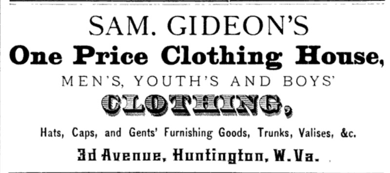 Ad for Sam Gideon's clothing business from 1879