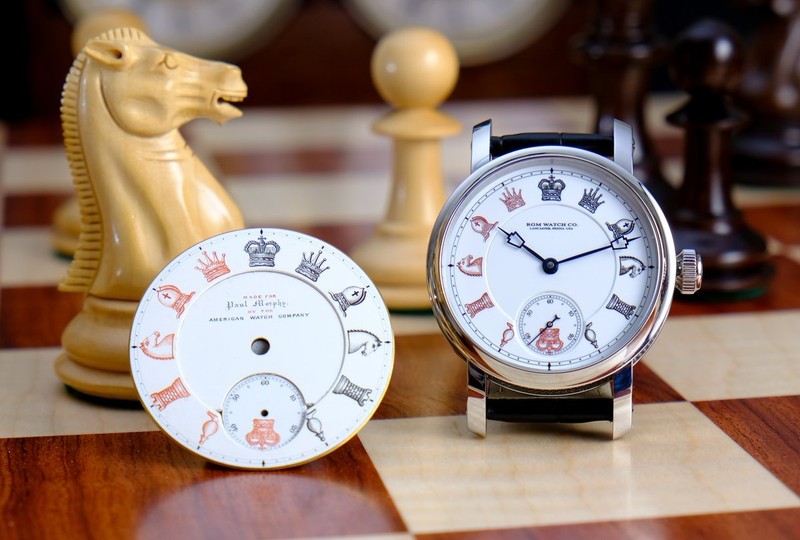 A close-up of a chess themed watch.