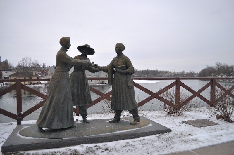 The statue depicts the 1851 meeting between Susan B. Anthony and Elizabeth Cady Stanton. It was erected in 1998.