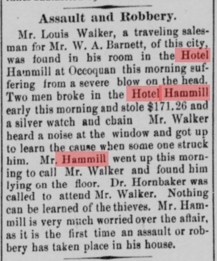 1905 newspaper article re: robbery and assault on hotel guest at Hammill Hotel