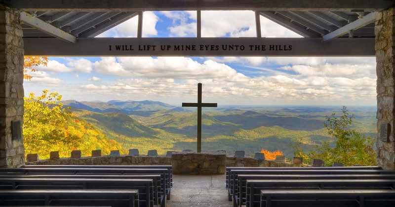 The view of the mountains from inside the chapel.