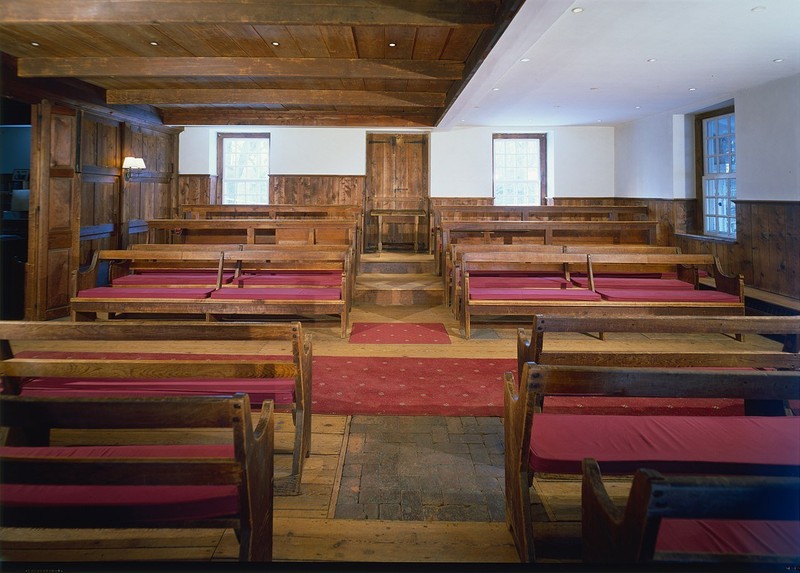 The interior of the meetinghouse.  Notice the moveable partition on the left.