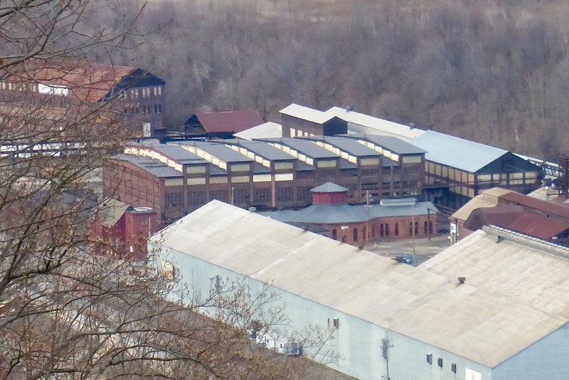 The two main buildings of the remnants of the Cambria Iron Company, the Blacksmith shop (with octagonal cupola) and the machine shop which sits behind it. 