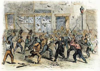 A contemporary artist's rendition of racially-motivated attacks against abolitionists in Philadelphia that peaked in 1842.