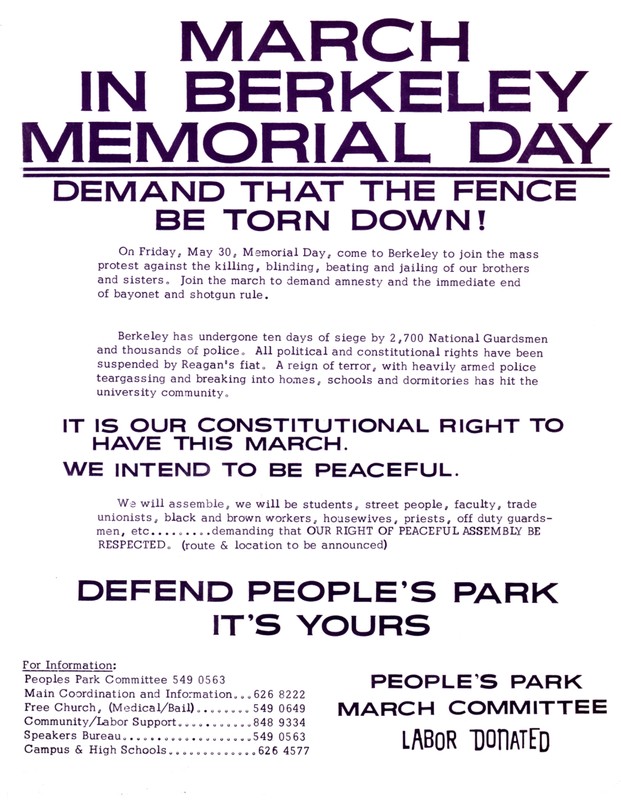 Flyer notifying people of the Memorial Day march through the streets of Berkeley on May 30, 1969