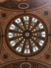 This is the Stain Glass Ceiling, 40 feet in diameter and 30 feet tall, that hovers over the grand central stairway. Some of the glass is up to three inches thick.