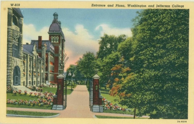 1940s postcard of North Gate at Washington & Jefferson College.