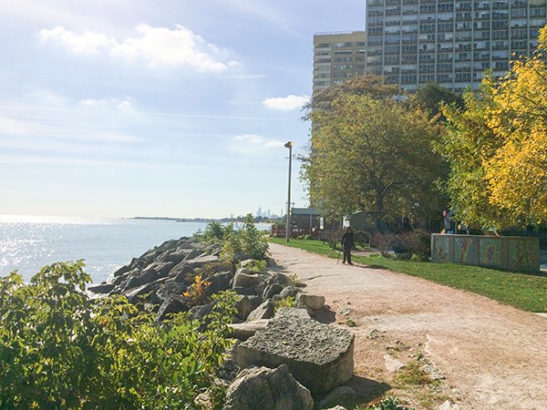 Berger Park Shoreline: Once a beach, the rocky wall was built to protect Berger Park in the 1980s. Photo: Alan Watkins (2015).