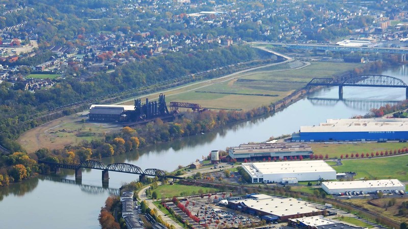 An aerial photo of the site.  The Hot Metal Bridge (far right) once carried torpedo cars of molten iron across the Monongahela River. 