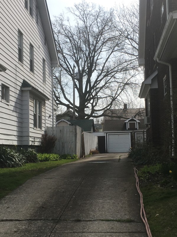 The originally shared driveway between the houses. Note that the garages were originally conjoined.