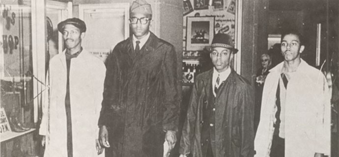 A&T Four, photographed by Jack Moebes on February 1, 1960, as they left the Woolworth that day. From left to right, David Richmond, Franklin McCain, Ezell Blair, Jr., and Joseph McNeil. 