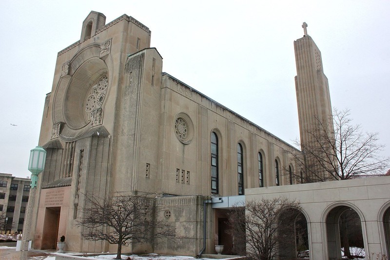 Eastward facing (towards Lake Michigan) side of Loyola University's Madonna Della Strada Chapel. 