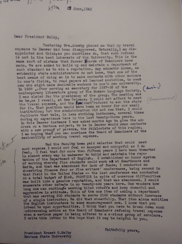 A 1942 letters expressing concern about English professors' salaries