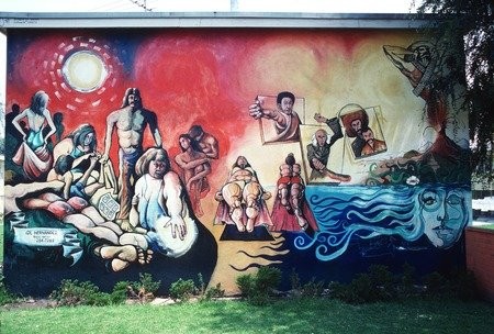 An Estrada Courts Mural titled, "Sun Bathers."