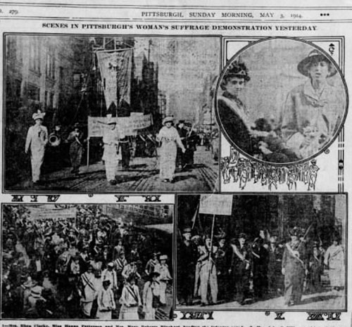 Images of Pittsburgh's first suffrage parade, which appeared in the PIttsburgh Post-Gazette, May 3, 1914.