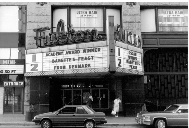 This Black and white photo was taken during the time that the theater was named the Fulton Theater. 