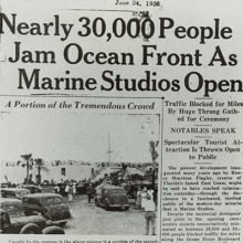 This is a newspaper article about Marine Studios when it first opened, explaining the large crowd that gathered on opening day to see the exciting studio. 