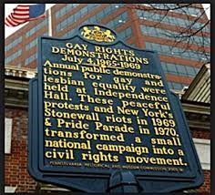 The historical marker honoring the Annual Reminders protest is located on Chesnut St outside of the Wells Fargo branch office.  Courtesy of Philly Gay Pride (reproduced under Fair Use).