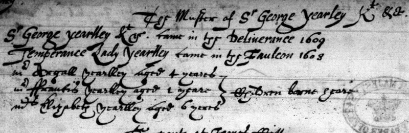 Image from 1625 Muster Roll courtesy of the Library of Virginia.