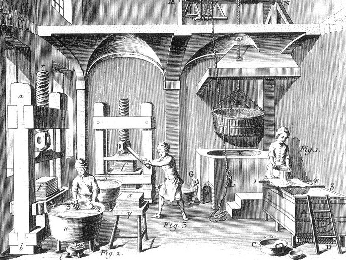 Engraving showing workers in a paper mill, one of them at a press.