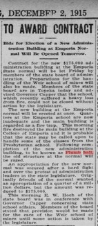 1915 newspaper article mentioning Plumb Hall to be built (Topeka State Journal)