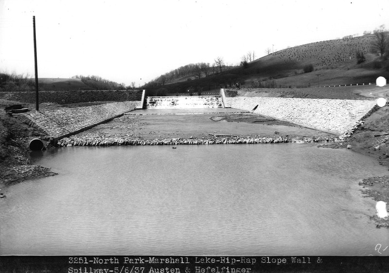 Black and white image depicts a series of stone steps with water cascading over them, leading to a stone-walled stretch of creek. In the background there are mature trees and a large planting site of newer trees on a nearby hill.