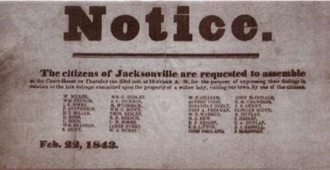 A Notice of the Anti-Negro Steeling to 	gather at the court house on Thursday February 22, 1843 at 10:00.