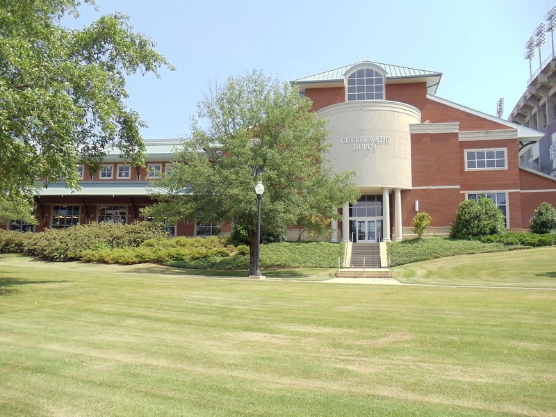 The Cullis Wade Depot, which houses the Mississippi State University Welcome Center and the Cullis & Gladys Wade Clock Museum