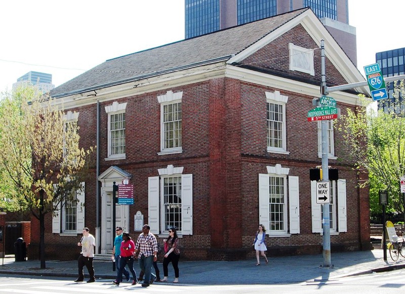 Construction of this Quaker meeting house began in 1783 with the support of Robert Morris and other colonial leaders. 