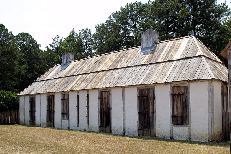 One of the buildings at the recreated Fort Toulouse, which was designated a National Historic Landmark in 1960. The fort is a replica of the one built by the French in 1751.