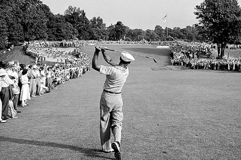 Perhaps one of the most famous photographs in golf: Ben Hogan's 1-iron (or was it a 2-iron?) on Merion's 18th fairway during the 1950 U.S. Open. 