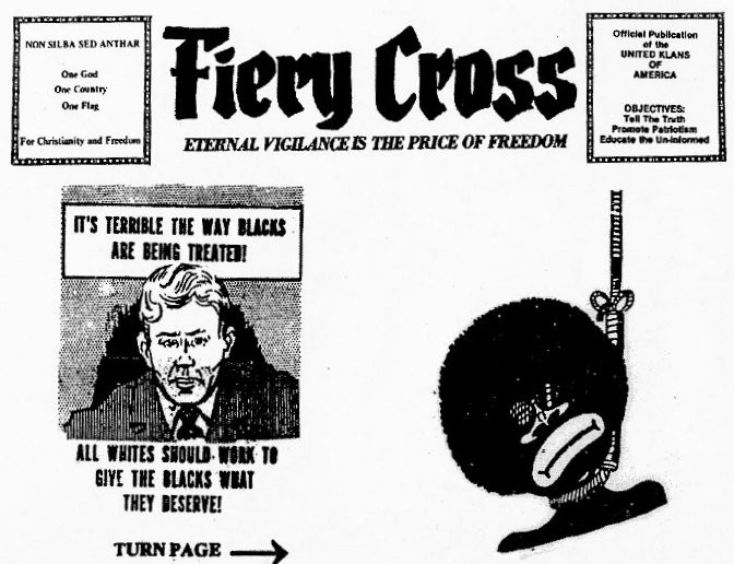 Racist cartoon featured in The Fiery Cross, a KKK newsletter, used against the KKK in court.