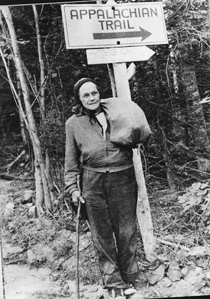 Pictured is Grandma Gatewood, the woman known for hiking the Appalachian Trail three times, and the Oregon Trail once. Grandma was a survivor of domestic abuse, married to a man who beat her until her face was unrecognizable, broke brooms over her he