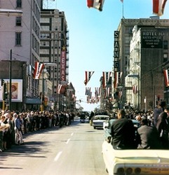 A street view of Dealey Plaza after Kennedy had went through. 