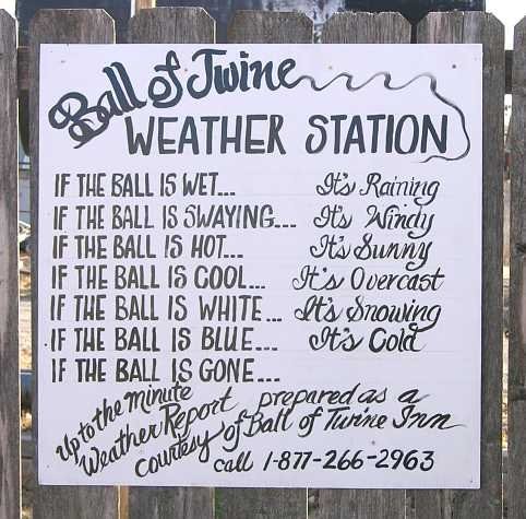 Ball of Twine weather report. Call this number for the up to date weather.