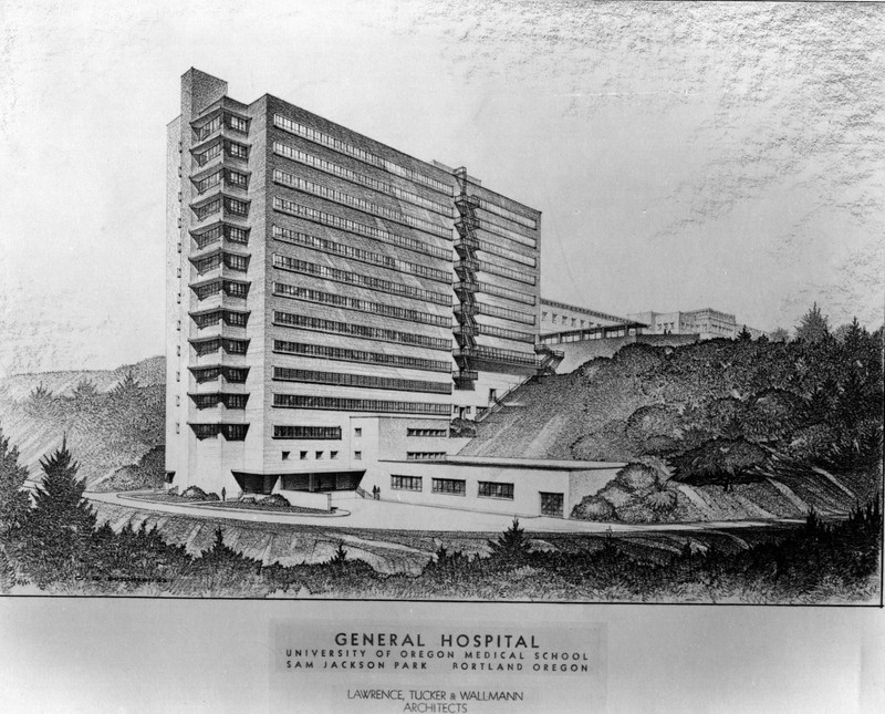 Black and white artist's rendering showing the proposed Medical School Hospital. A tall, midcentury building sits on a hillside.