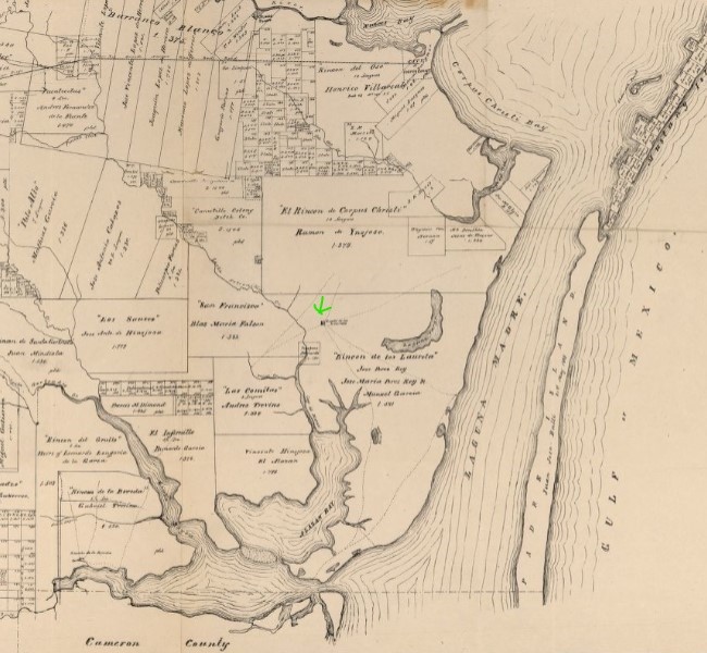 Laureles Ranch headquarters (green arrow) on 1879 map of Nueces County, TX (Walsh 1879)