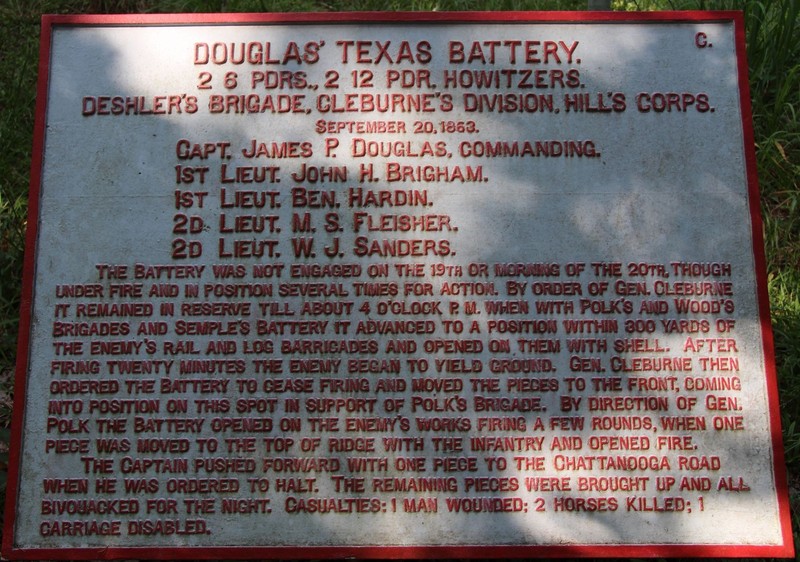 Photo by By Dale K. Benington, July 12, 2017, retrieved from: https://www.hmdb.org/PhotoFullSize.asp?PhotoID=393262

The wrought iron plaque commemorates Douglas' Artillery and the men who served in it in specific detail.