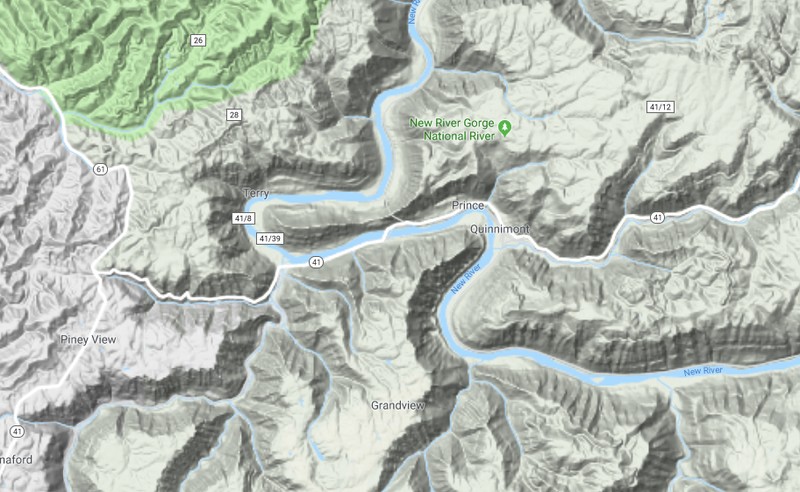 This topographical map illustrates how rugged the terrain is in the surrounding area as well as the many twist and curves of the New River.