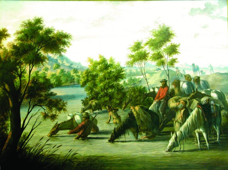 Horses Quenching Their Thirst, Camels Disdaining, by Ernest Etienne de Franchville Narjot.
In this depiction, expeditionists water their horses, as their camels look on