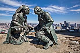 The artist depicts Washington & Guyasuta sharing their points of view above a scenic park known for its commanding view of the Pittsburgh cityscape. 