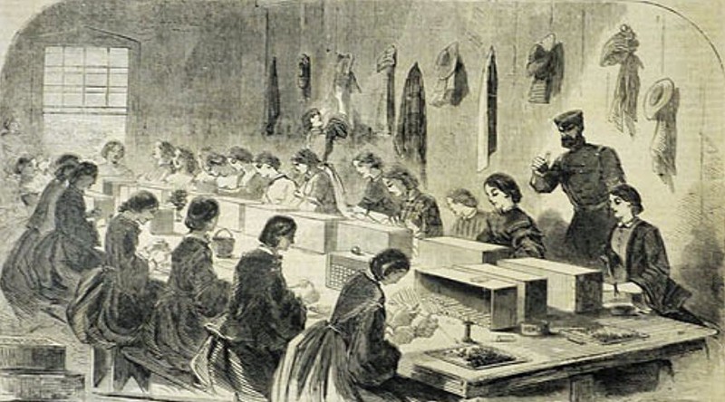 A depiction of work being done in a similar arsenal in Massachusetts, published July 1861, Harper's Weekly,
