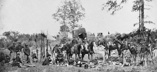 Soldiers from the 6th Pennsylvania Cavalry are seen here recouperating after the day-long battle. Men from this unit would see most of the battle at St. James Church and would also suffer more casualties than any of the other regiments that day.