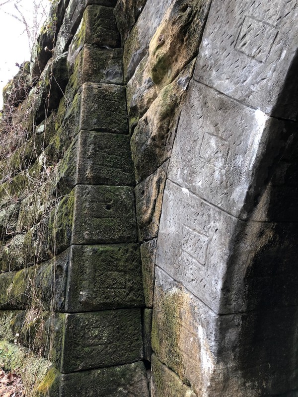 Decorative carving on stone face, southern opening, February 15, 2019.